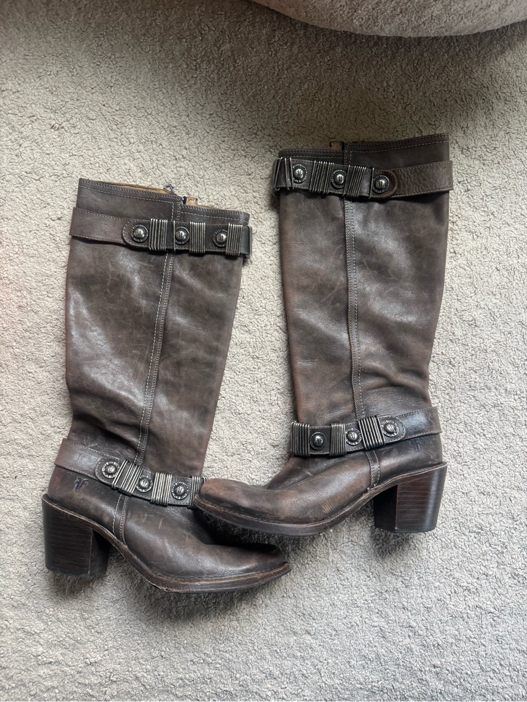 Frye Carmen Multi Ring Pewter Brown Gray Leather Zip Up Boots, 8.5